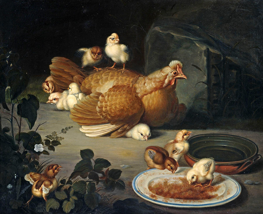 Hen with Chicks Painting by Anonymous