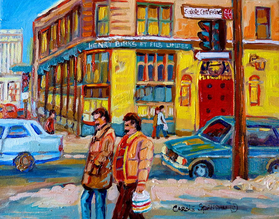 City Painting - Henry Birks On St Catherine Street by Carole Spandau
