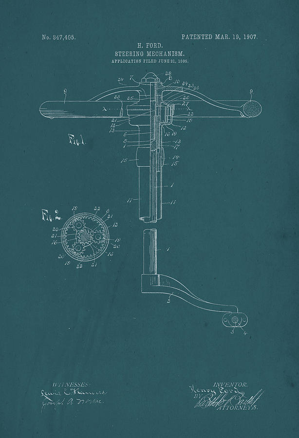 Car Drawing - Henry Ford Steering Wheel Patent Print by David Holm