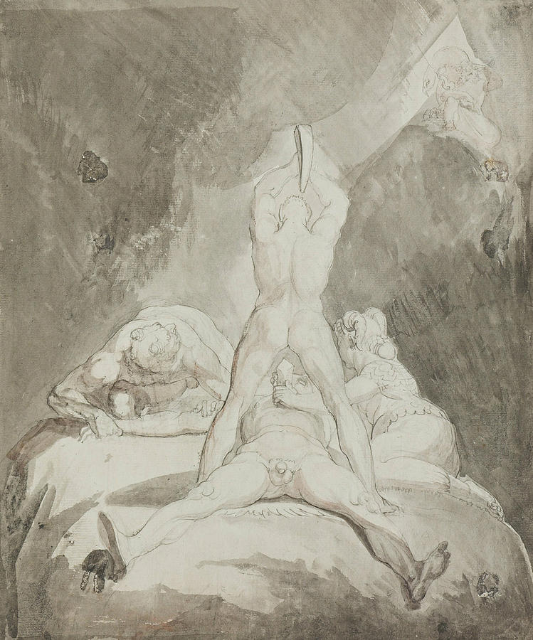 Hephaestus Bia and Crato Securing Prometheus on Mount Caucasus Drawing by Henry Fuseli