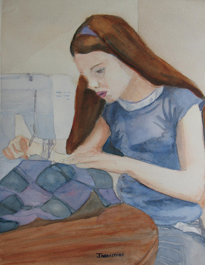 Portrait Painting - Her First Quilt by Jenny Armitage