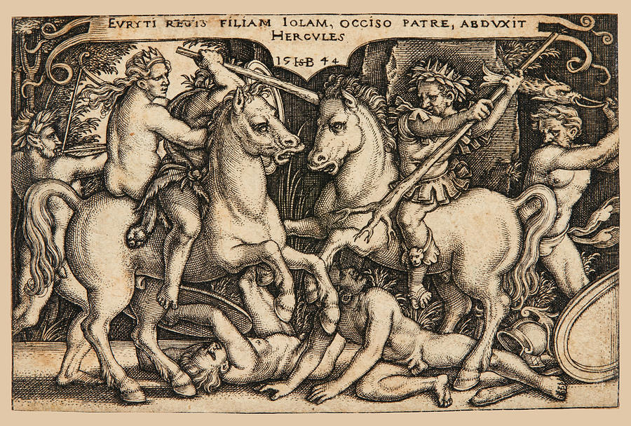 Hercules Abducting Iole Having Slain Her Father King Eurytus Drawing by Sebald Beham