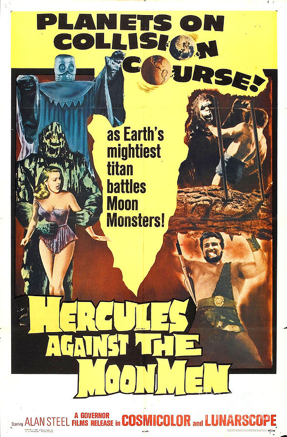 Hercules against the moon men retro movie poster Planets on collision course Painting by Vintage Collectables