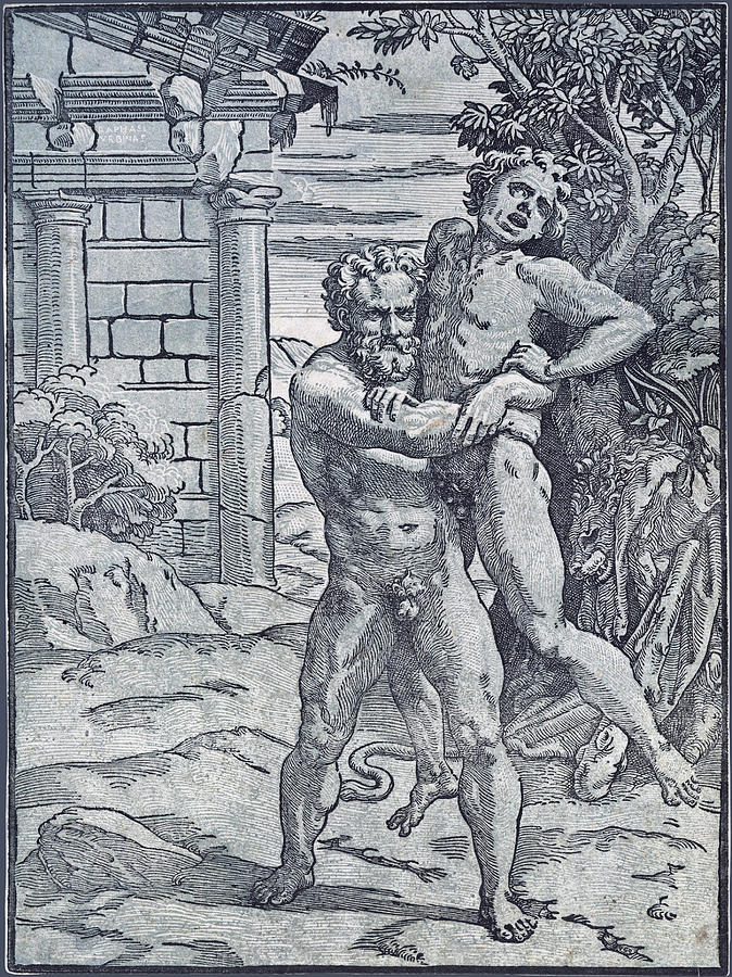 Hercules and Antaeus Drawing by Ugo da Carpi