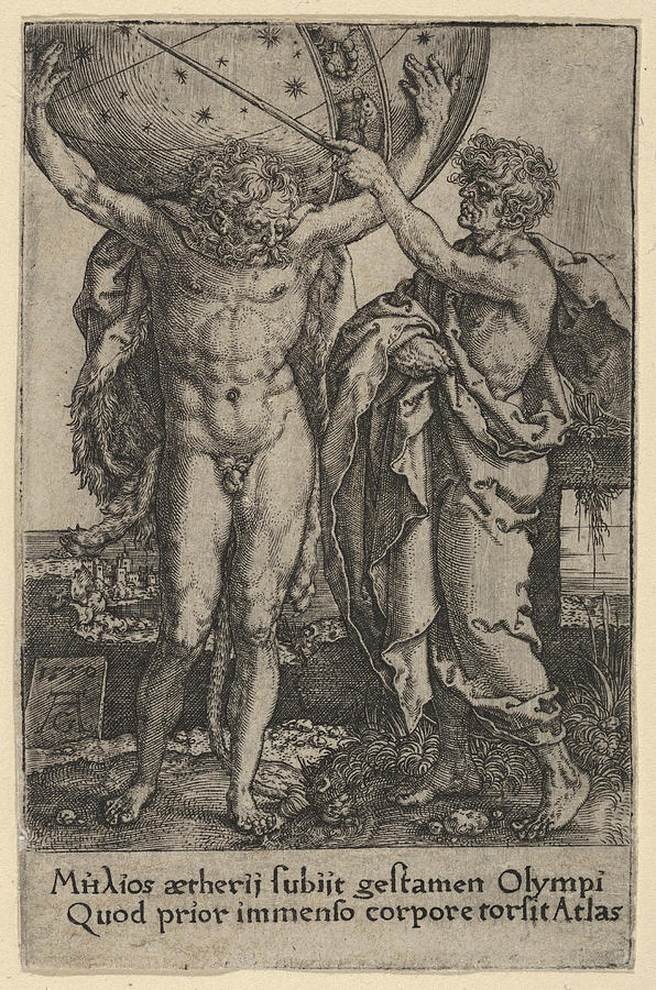 Hercules and Atlas Drawing by Heinrich Aldegrever