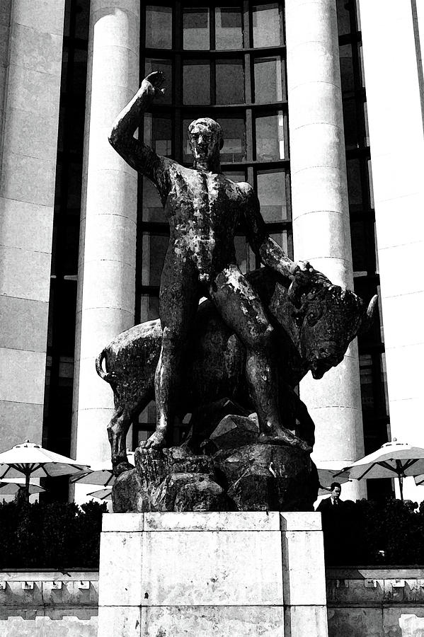 Hercules and the Bull Bronze at Palais de Chaillot Trocadero Paris France Black and White Fresco Digital Art by Shawn OBrien