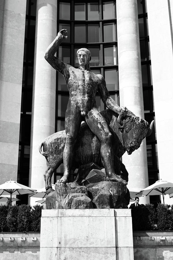 Hercules and the Bull Bronze Sculpture at Palais de Chaillot Trocadero Paris France Black and White Photograph by Shawn OBrien