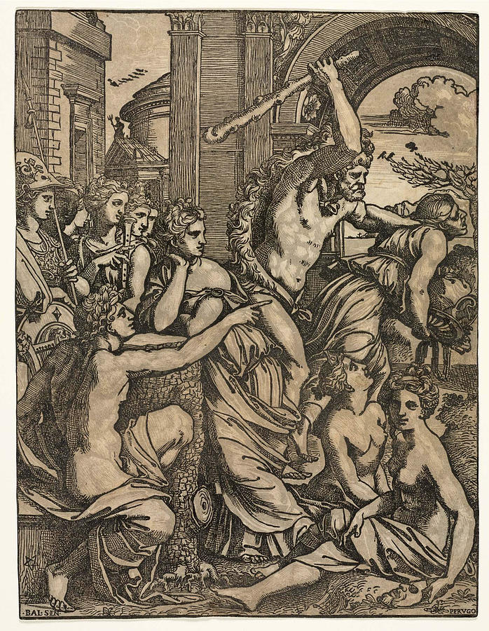 Hercules chasing Avarice from the Temple of the Muses Drawing by Ugo da Carpi
