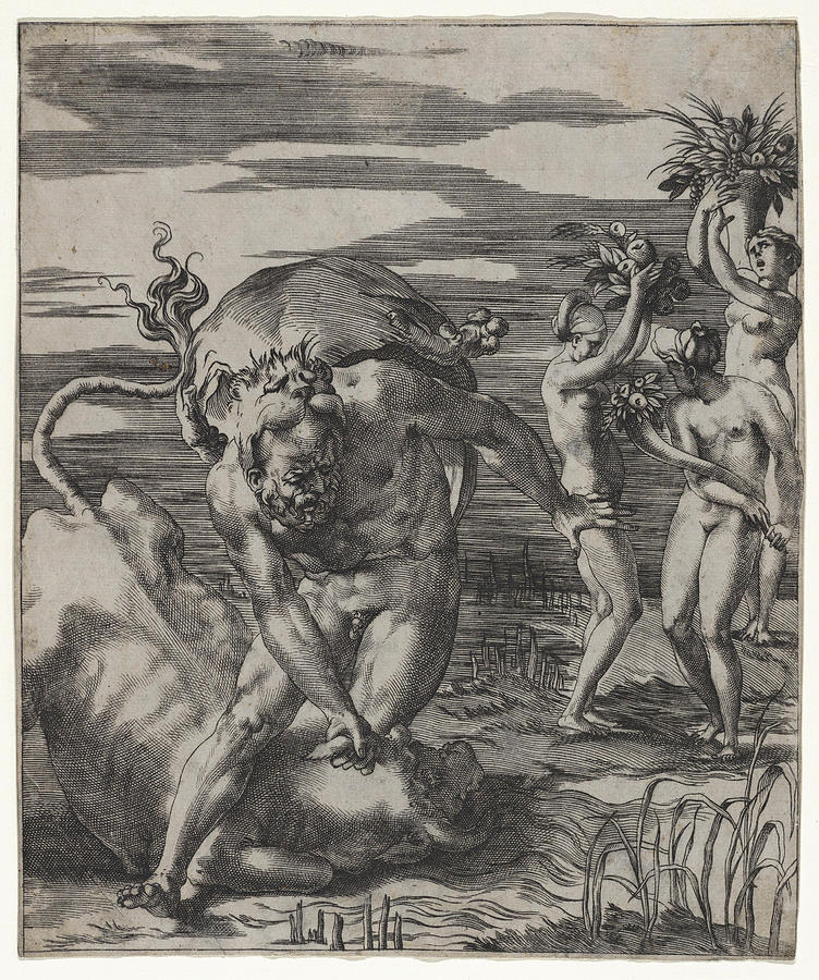 Hercules defeating the river god Achelous in the form of a bull Drawing by Giovanni Jacopo Caraglio