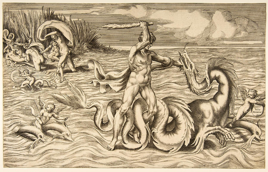 Hercules fight a dragon. Achelous carrying off Deianeira Drawing by Giulio Bonasone