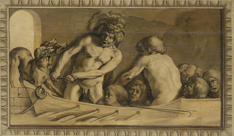 Hercules Gets Cerberus from the Underworld, Charon  the Ferryman of the Styx Painting by Jacob van Campen