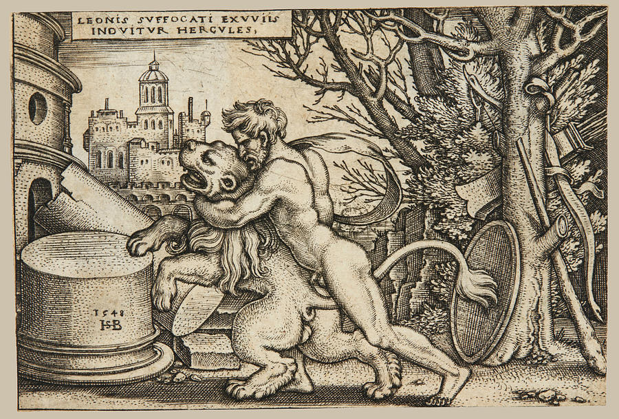 Hercules killing the Nemean Lion Drawing by Sebald Beham