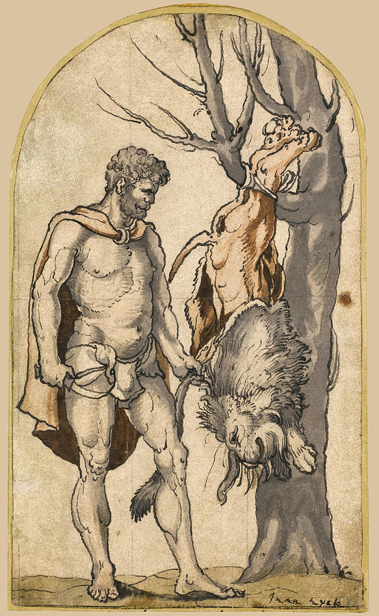 Hercules skinning the Nemean Lion Drawing by German School