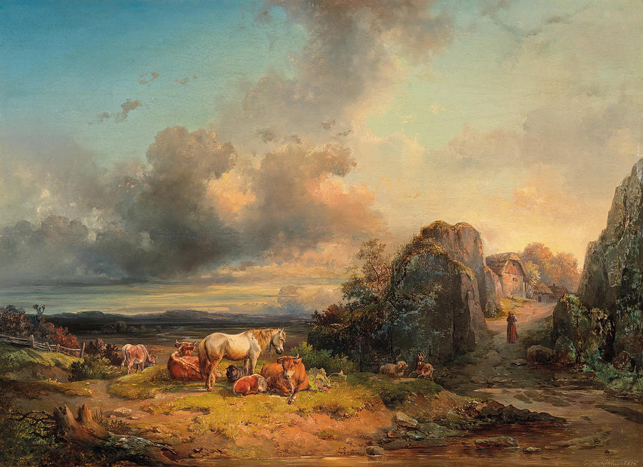 Herd of Animals in an Open Landscape Painting by Edmund Mahlknecht