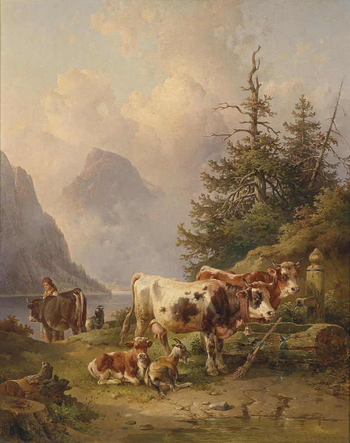 Herd of Cows by the Lake Shore Painting by Edmund Mahlknecht