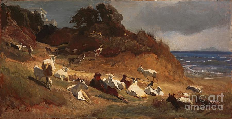 Herd of goats on the beach Painting by MotionAge Designs