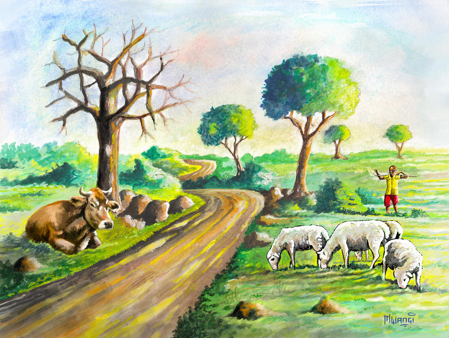 Herding near the Road Painting by Anthony Mwangi