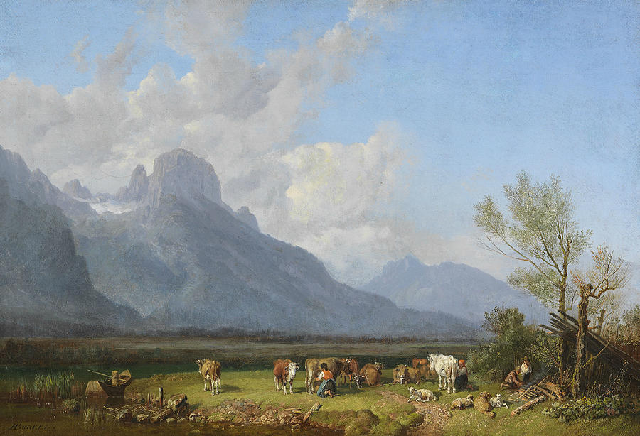 Herdsmen on the lake shore Painting by Heinrich Burkel
