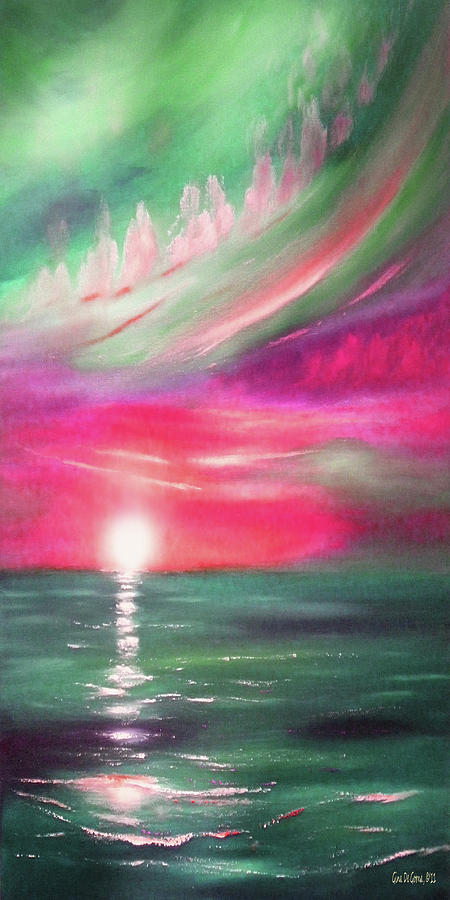 Here it Goes - in Teal and Magenta Vertical Sunset Painting by Gina De Gorna