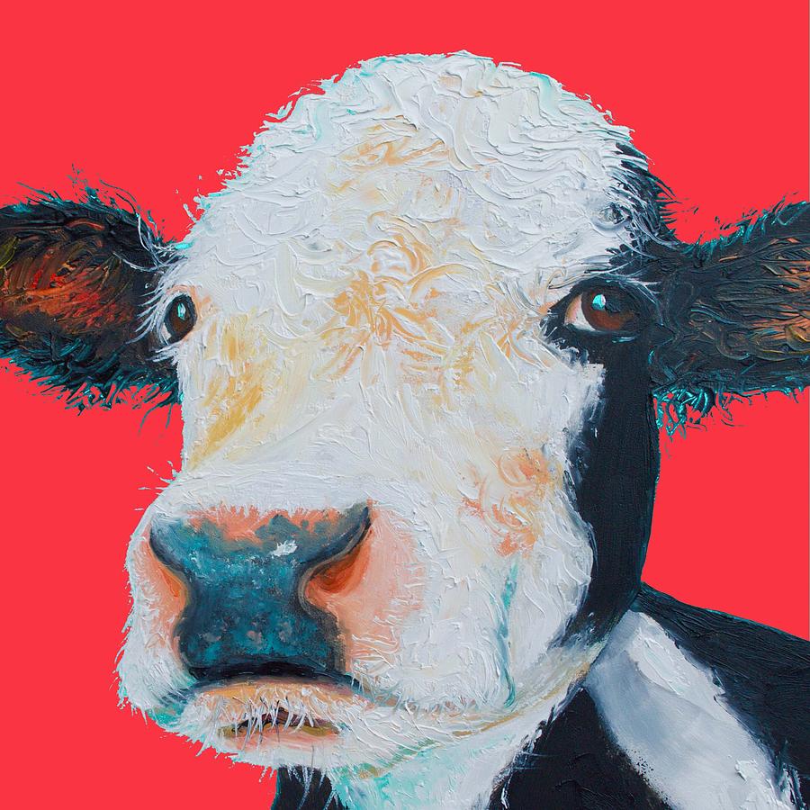 Hereford Cow painting on red background Painting by Jan Matson