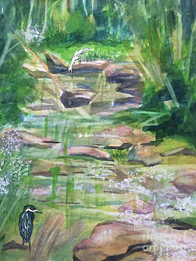 Heron and Egret In Cool Waters Painting by Ellen Levinson