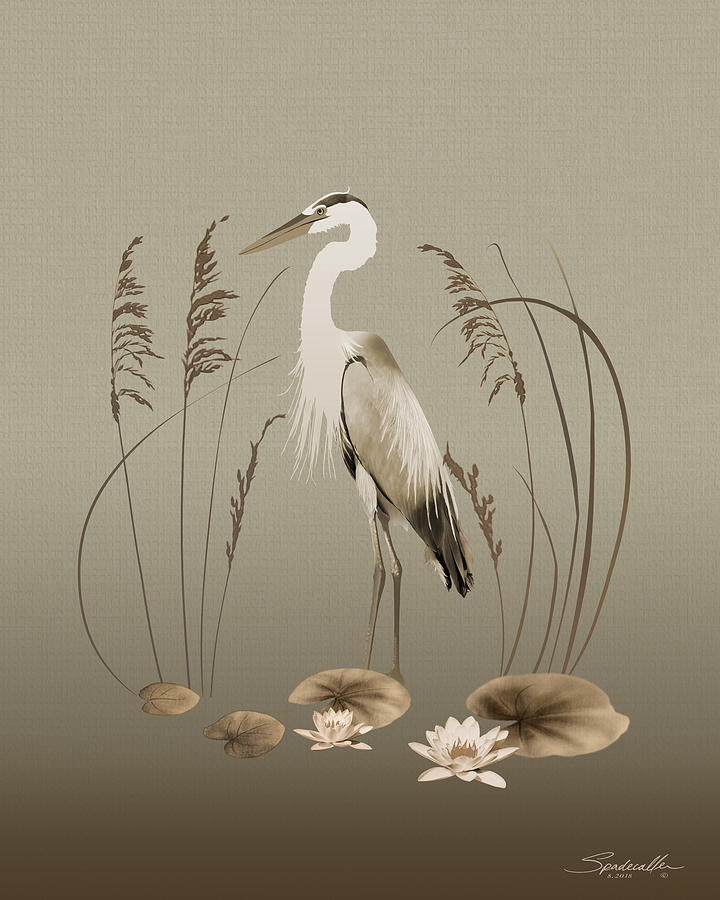 Heron And Lotus Flowers Digital Art by M Spadecaller