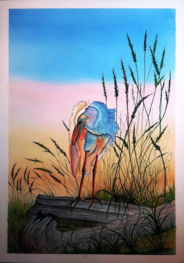 Heron on a Log Painting by Richard Benson