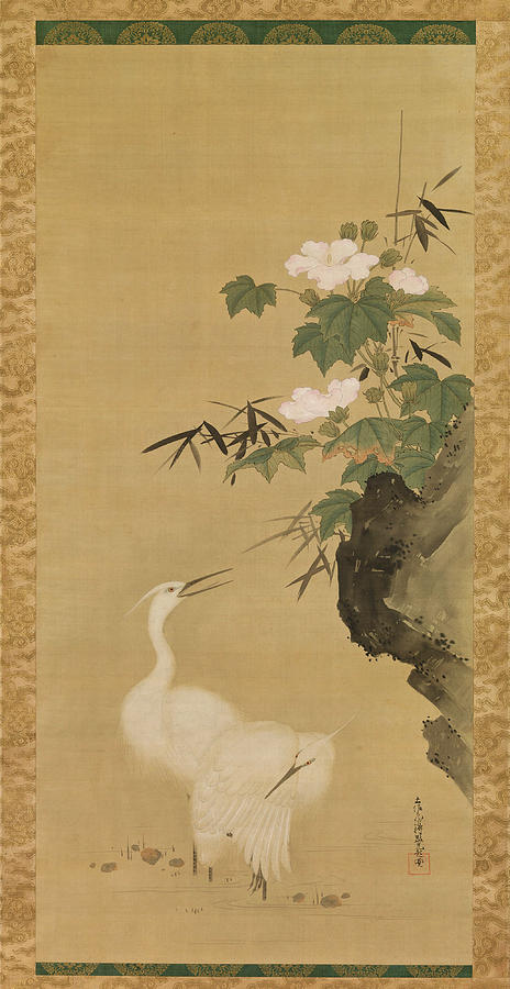 Beautiful Drawing - Herons and Cotton Roses by Tosa Mitsuoki