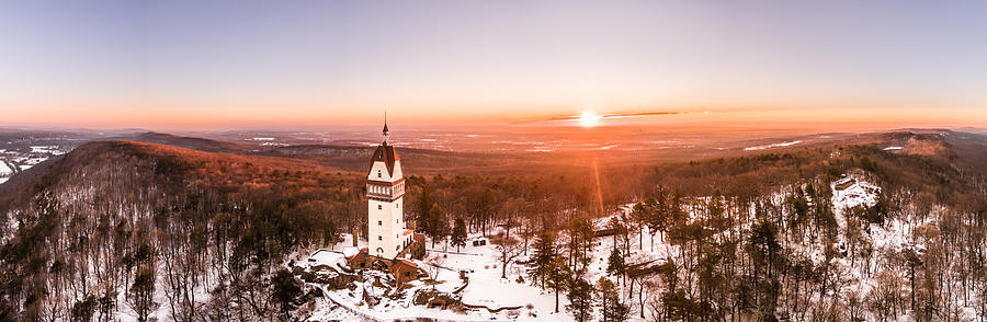 Heublein Tower in Simsbury Connecticut, Winter Sunrise Panorama Photograph by Mike Gearin