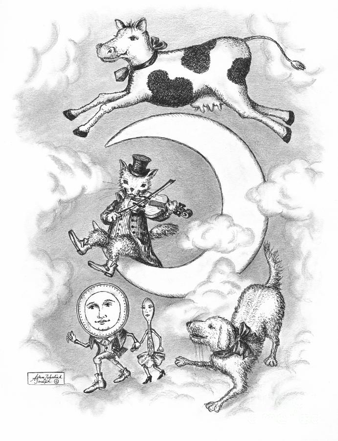 Black And White Drawing - Hey Diddle Diddle by Adam Zebediah Joseph
