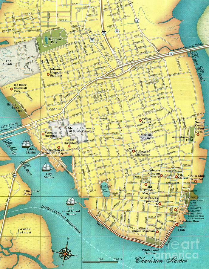 Hiatoric Downtown Charleston Map Photograph