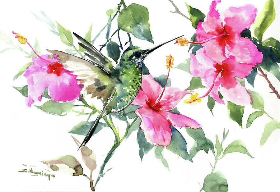 HIbiscus and Hummingbird Painting by Suren Nersisyan