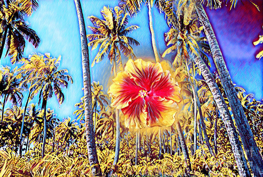 Hibiscus Flower and Palm Trees Digital Art by Wernher Krutein