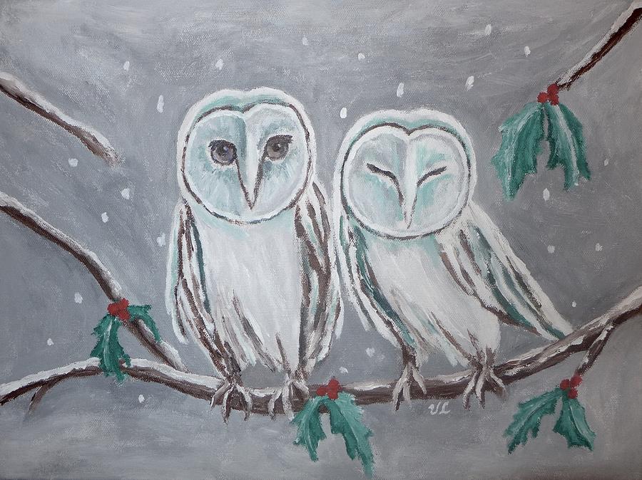 Owl Painting - Hiboux en Hiver by Victoria Lakes
