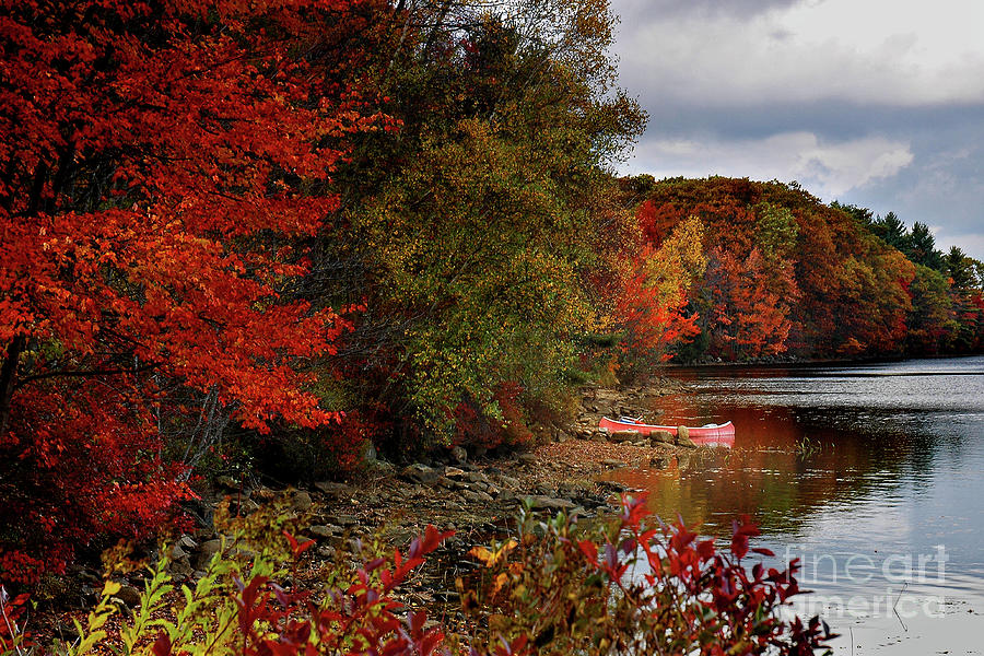 Hideaway - New England Fall Landscape boat lake Photograph by Jon Holiday
