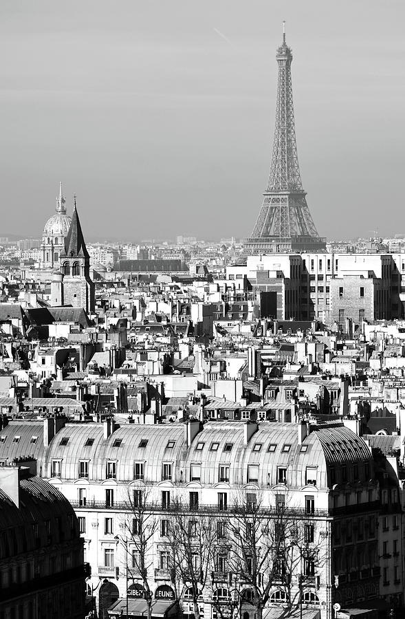 High Angle View of Paris France Rooftops with Les Invalides and Eiffel Tower Black and White Photograph by Shawn OBrien