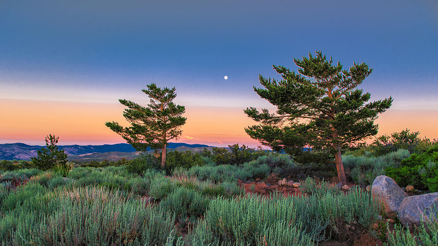 High Desert Landscape at Sunset Looking East With A Full Moon Rising Above the Mountains Photograph by Brian Ball