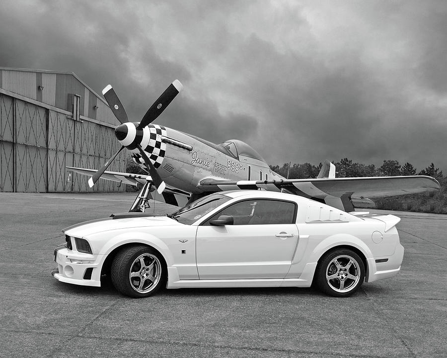 High Flyers - Mustang and P51 in Black and White Photograph by Gill Billington