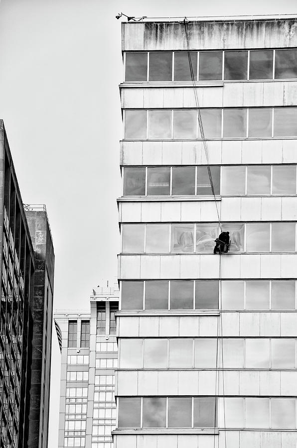 High Flying Window Cleaner in Black and White Photograph by Bill Cannon