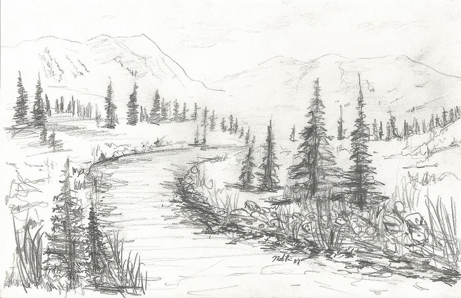High Mountain River Drawing by Nate Price