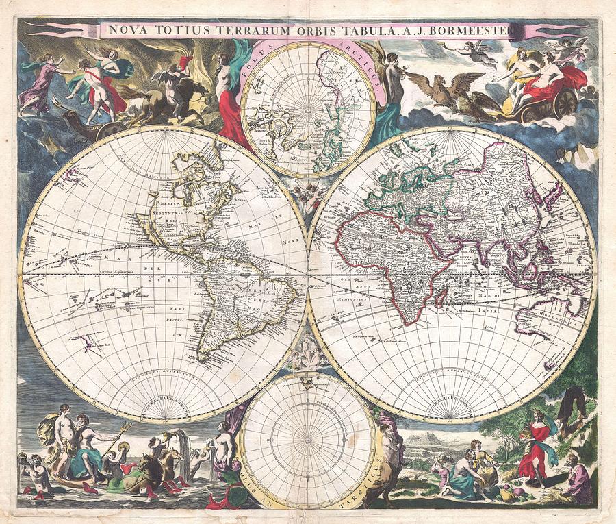 Map Painting - High res map of world in 1658 up to 50 inches wide  by Larry Lamb