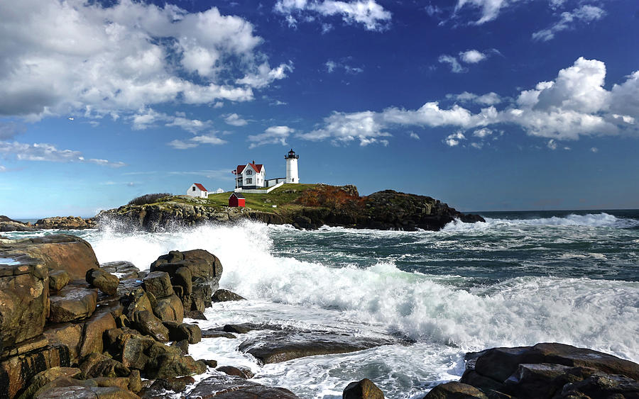 High Surf at Nubble Light by Wayne Marshall Chase High Surf at Nubble Light by Wayne Marshall Chase