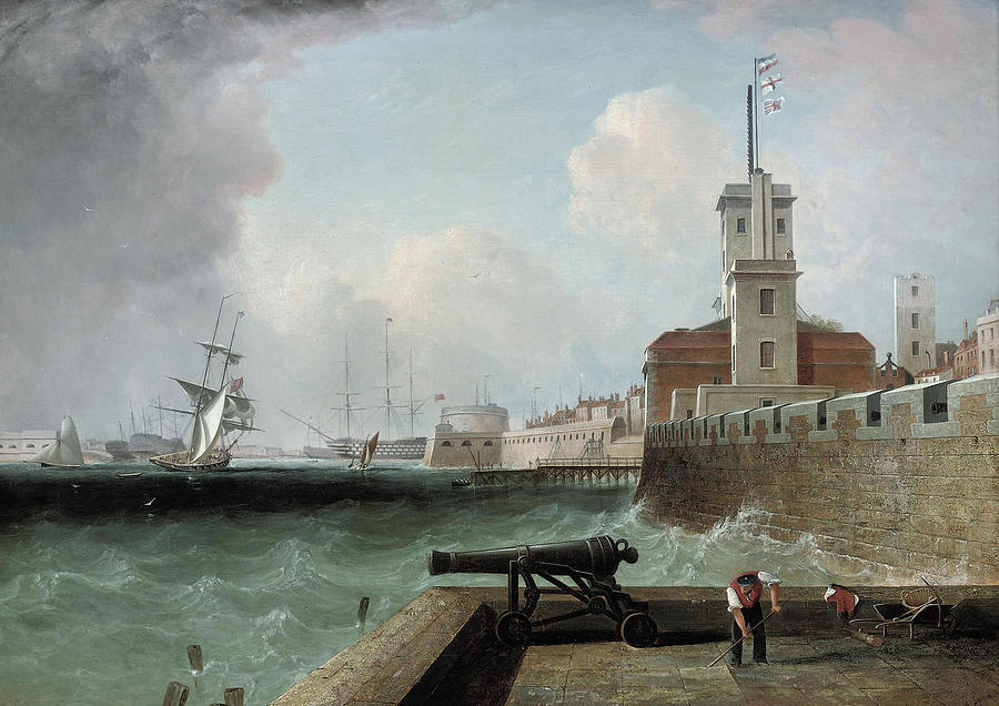 Portsmouth Harbour Painting - High tide below the Battery. Portsmouth Harbour by John Lynn