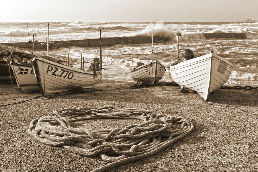 Boat Photograph - High Tide In Sennen Cove Sepia by Terri Waters