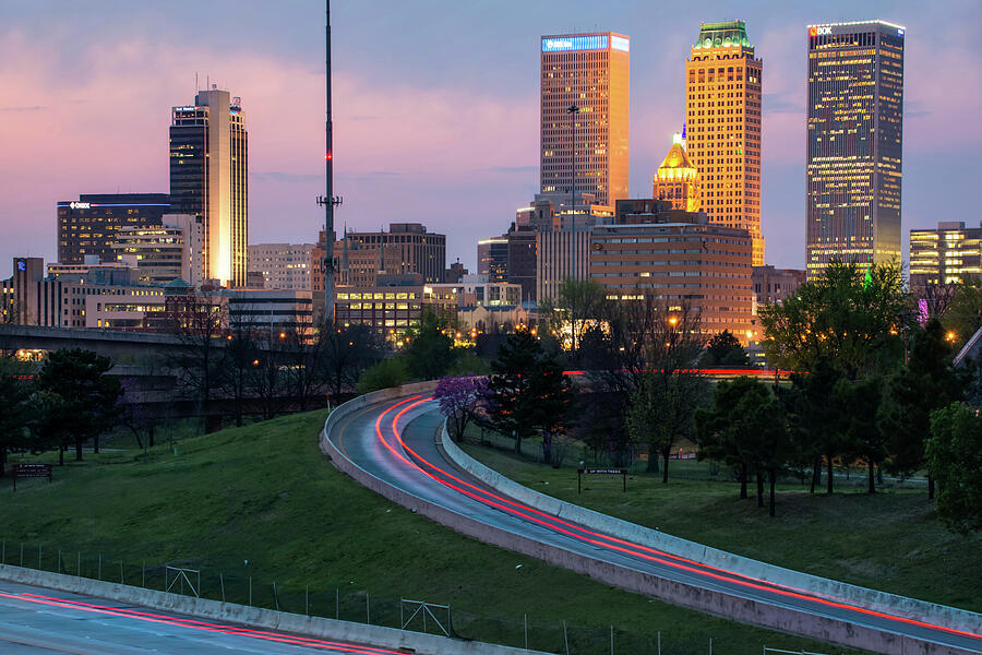 Highway View of the Tulsa Skyline at Dusk Photograph by Gregory Ballos