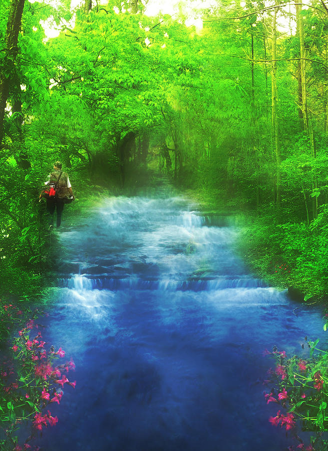 Summer Digital Art - Hiking at the Rivers Edge by Gravityx9  Designs