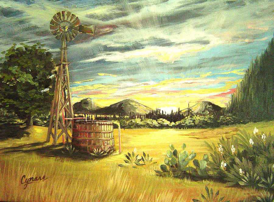 Hill Country Windmill Painting by Cynara Shelton