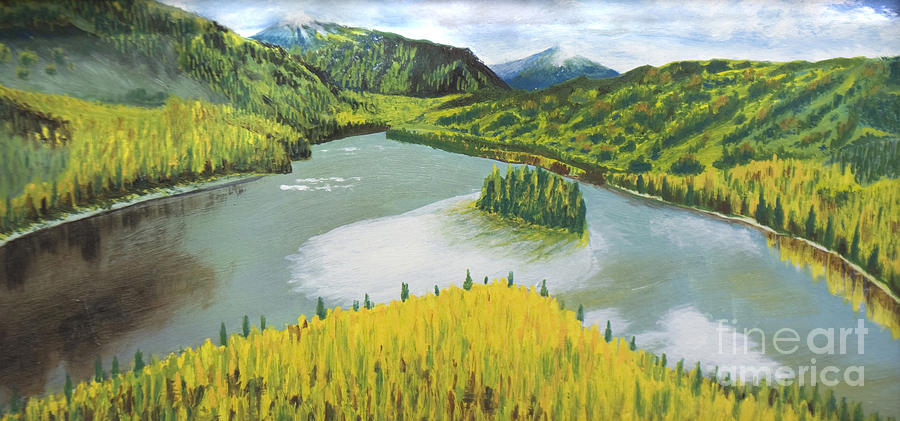 Hills and river, painting Painting by Irina Afonskaya