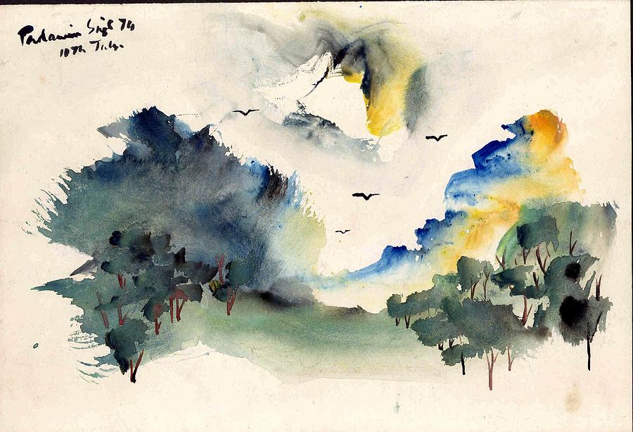Hills and trees Painting by Padamvir Singh