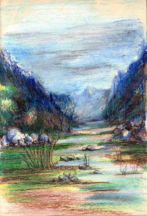 Hills mountain and a stream Painting by Padamvir Singh
